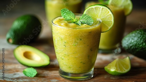 A rich avocado smoothie, topped with a lime slice and mint, set against a rustic wooden background with fresh avocados and lime wedges, soft natural lighting, healthy and refreshing vibe. --ar 16:9 photo