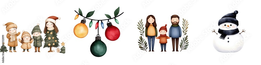 Fototapeta premium Colorful Christmas illustrations featuring family, decorations, and a snowman on a white background.
