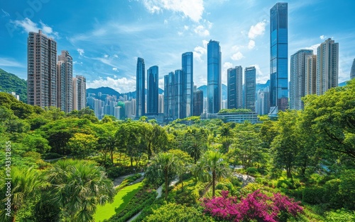 A striking image of modern skyscrapers surrounded by lush greenery, symbolizing sustainable urban development, with a bright blue sky