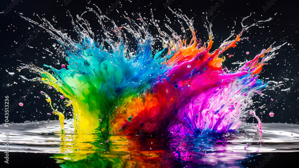 Fototapeta premium Colourful liquids creating splashes as they hit the water surface.