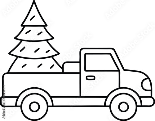 line art Christmas truck and tree 