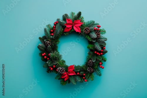 christmas wreath on plain blue background