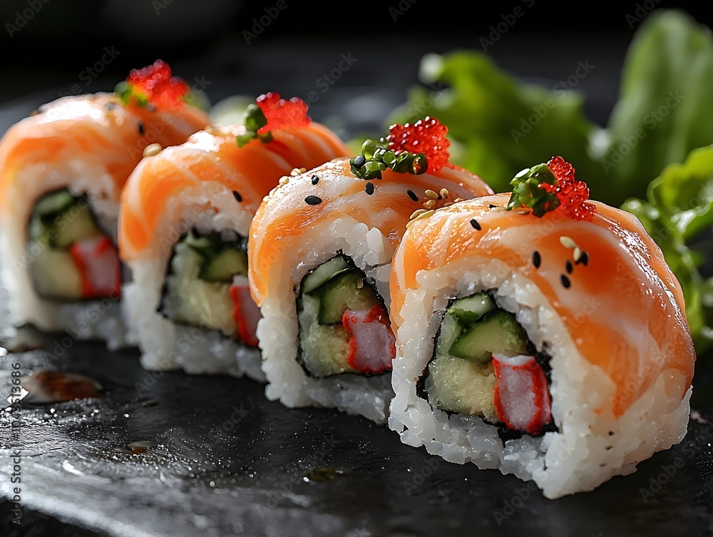 A close-up of a beautifully arranged sushi platter featuring vibrant rolls topped with fresh salmon, avocado, and delicate garnishes, set on a dark stone background. A close-up of a beautifully arranged sushi platter featuring vibrant rolls topped with fresh salmon, avocado, and delicate garnishes, set on a dark stone background.