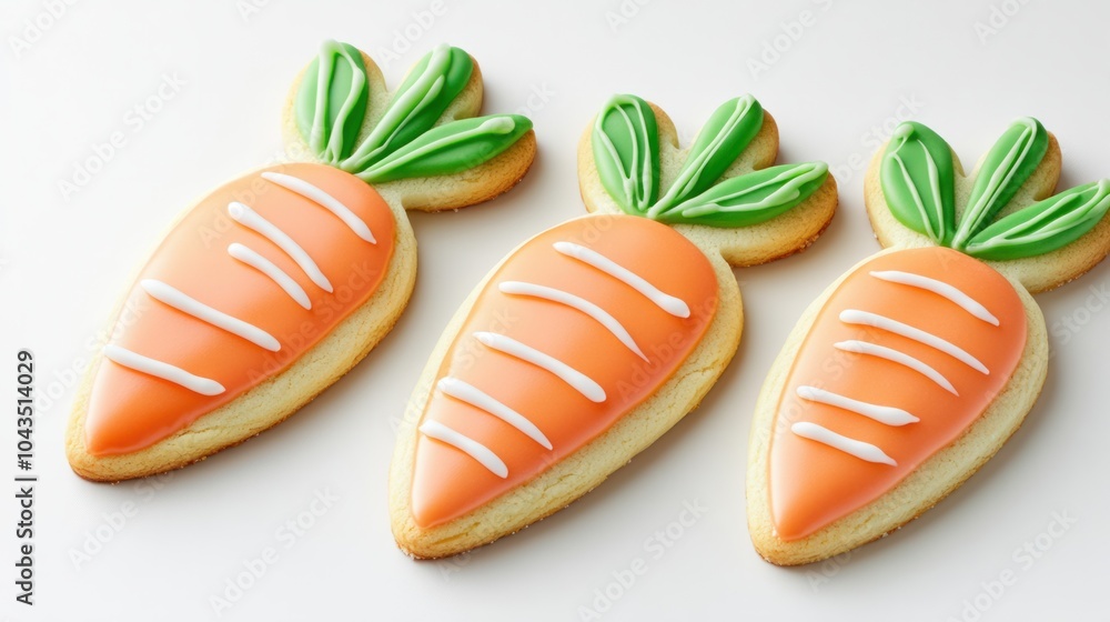 Obraz premium Carrot-shaped sugar cookies with orange icing and green leaves, perfect for Easter, isolated on white background