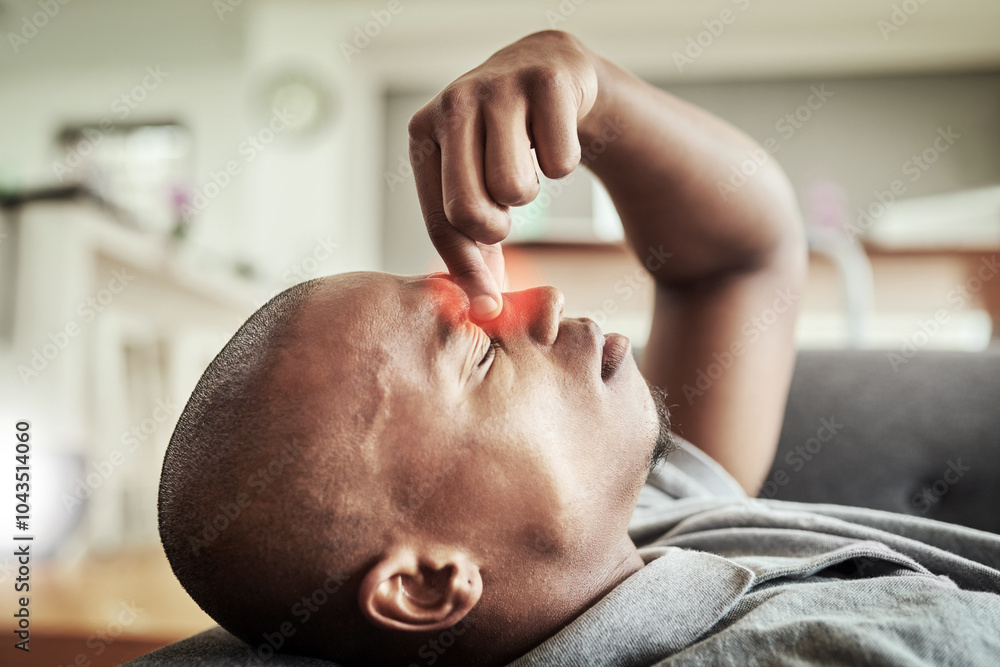 Black man, headache and pain with stress on sofa for vertigo, dizziness or fatigue at home. Young African, male person or strain with red glow or migraine for anxiety, depression or pressure at house Black man, headache and pain with stress on sofa for vertigo, dizziness or fatigue at home. Young African, male person or strain with red glow or migraine for anxiety, depression or pressure at house