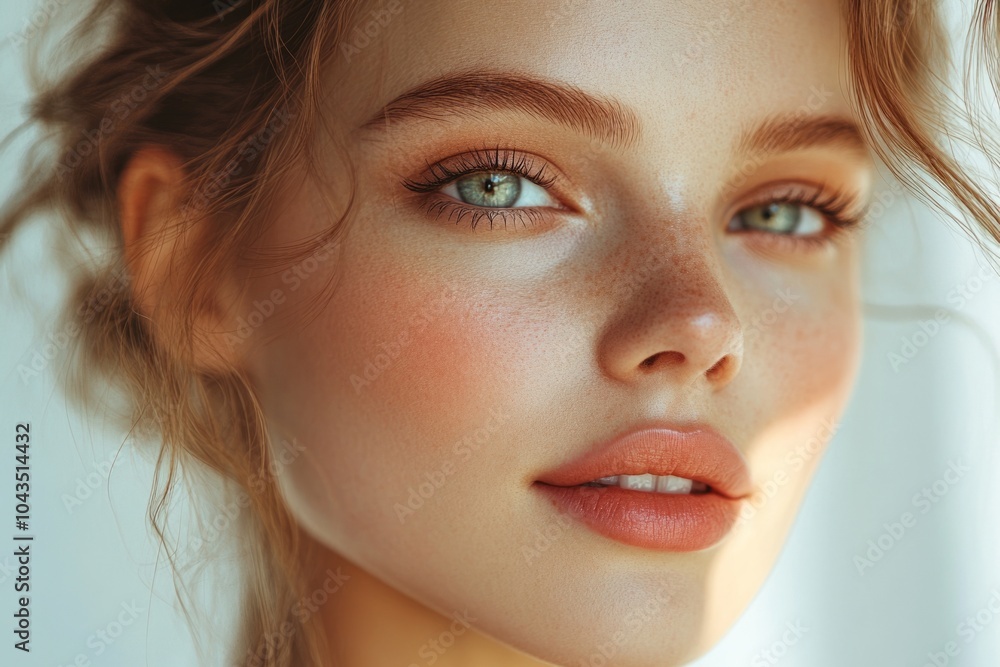 Beautiful young woman posing with natural makeup look and freckles Beautiful young woman posing with natural makeup look and freckles