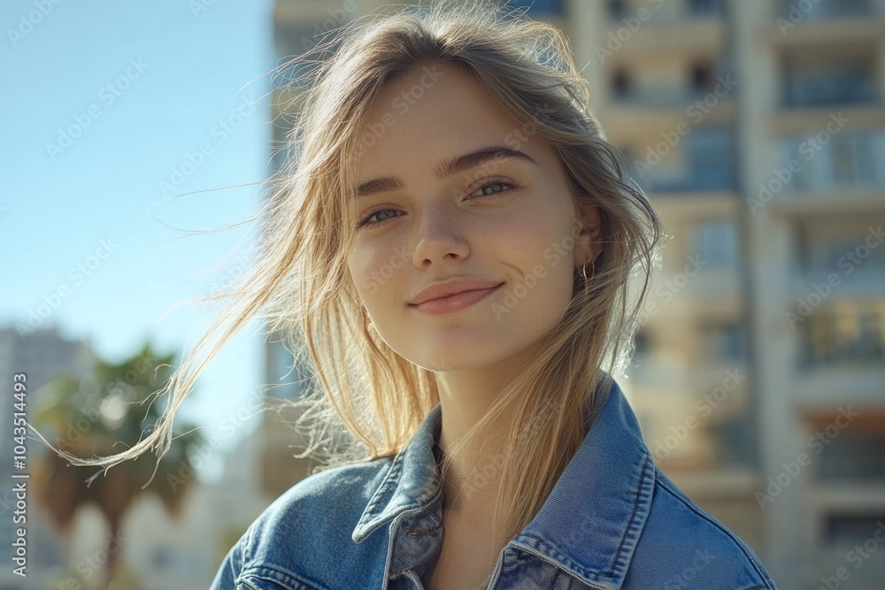 Portrait of blond young woman smiling outdoors in the city Portrait of blond young woman smiling outdoors in the city
