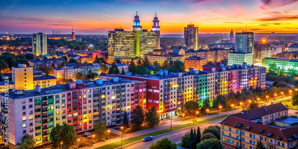 Naklejka premium Bialystok City Architecture with Colorful Ceiling Lamps - Modern Skyscrapers and Urban Landscape