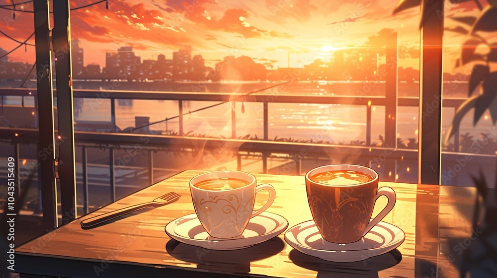 a cup of coffee on a table next to the window with a beautiful sunset street view, colorful anime style a cup of coffee on a table next to the window with a beautiful sunset street view, colorful anime style