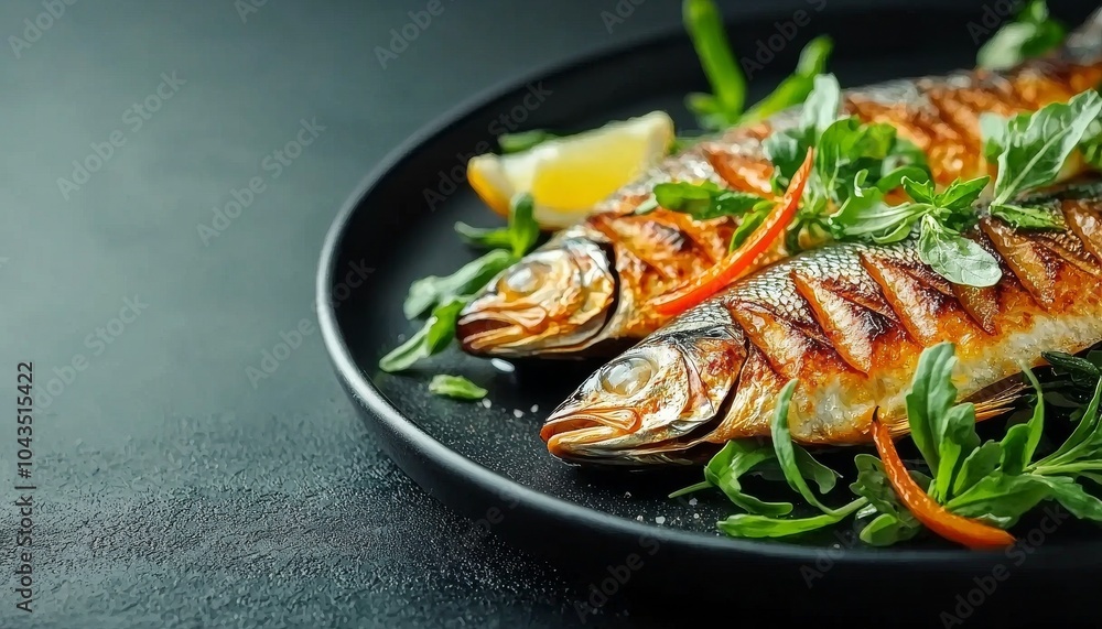 Freshly grilled fish garnished with herbs and lemon slices, served on a dark plate for an appetizing presentation. Freshly grilled fish garnished with herbs and lemon slices, served on a dark plate for an appetizing presentation.