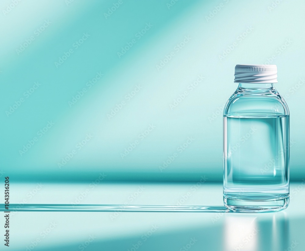 A clear glass bottle of water sits on a mint-colored surface, casting a soft shadow, creating a serene and minimalist aesthetic. A clear glass bottle of water sits on a mint-colored surface, casting a soft shadow, creating a serene and minimalist aesthetic.