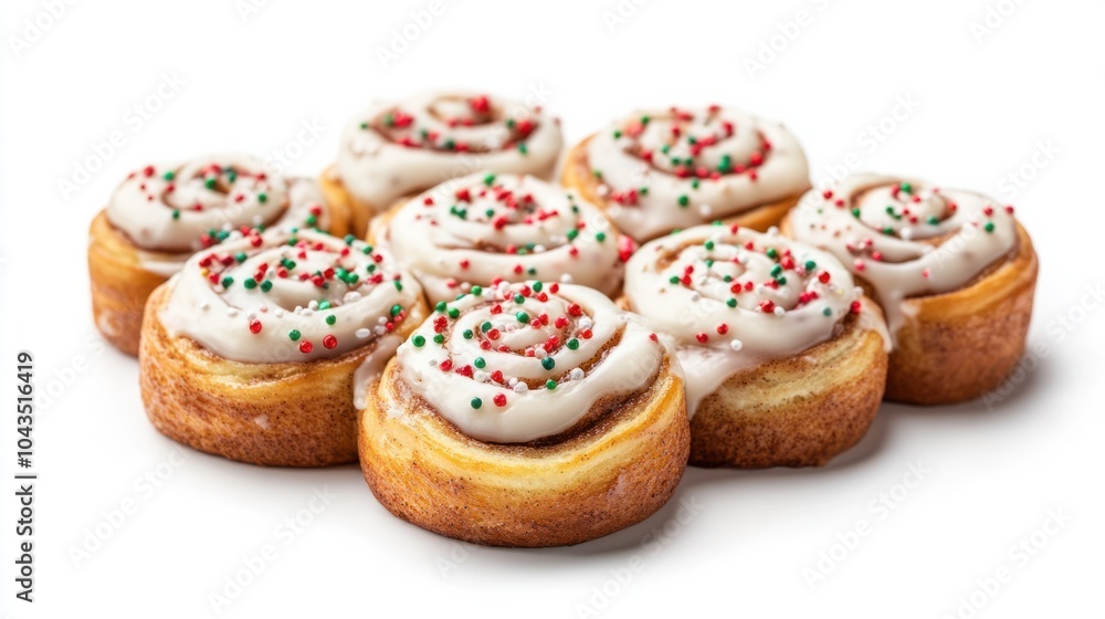 Christmas cinnamon rolls with cream cheese icing and festive sprinkles, isolated on white background Christmas cinnamon rolls with cream cheese icing and festive sprinkles, isolated on white background