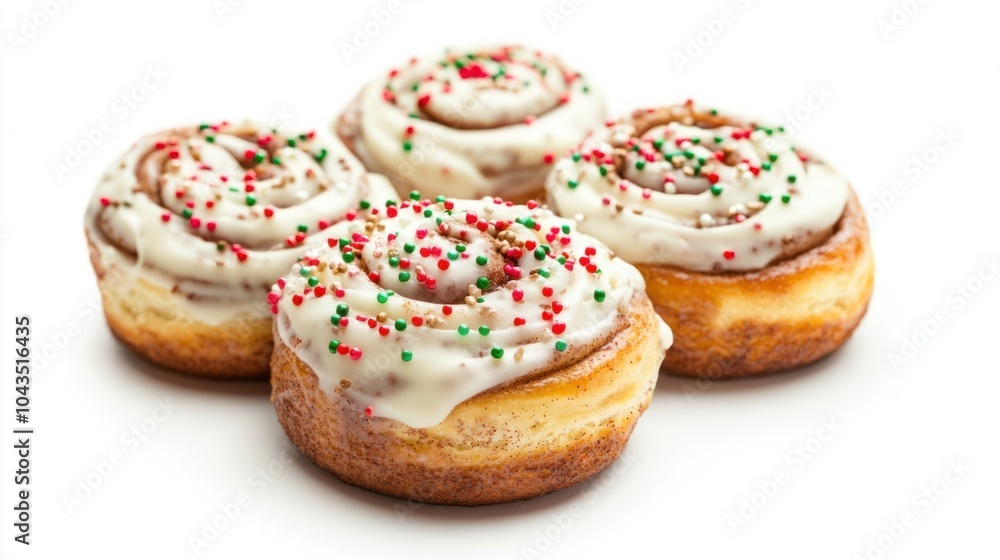 Christmas cinnamon rolls with cream cheese icing and festive sprinkles, isolated on white background Christmas cinnamon rolls with cream cheese icing and festive sprinkles, isolated on white background
