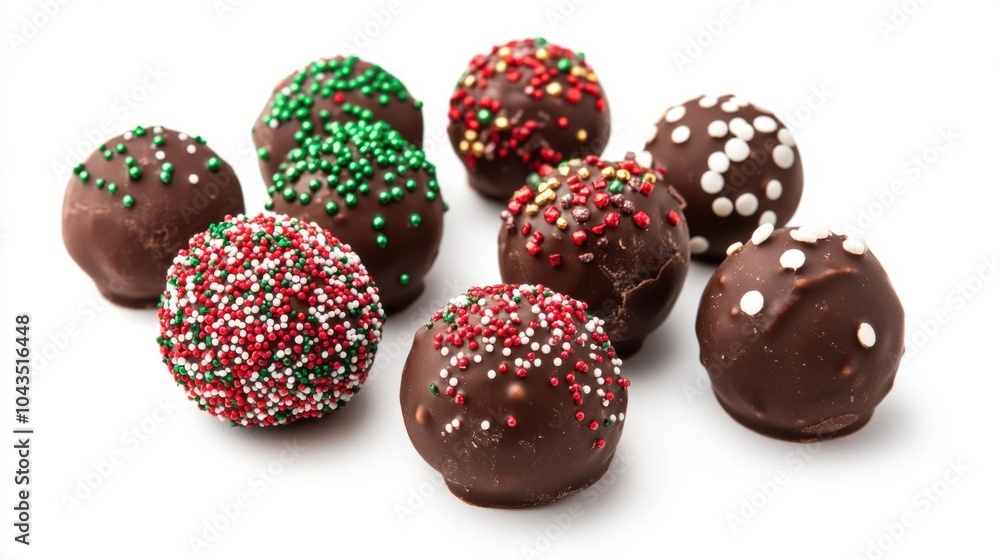 Christmas chocolate truffles decorated with festive sprinkles and edible glitter, isolated on white background Christmas chocolate truffles decorated with festive sprinkles and edible glitter, isolated on white background