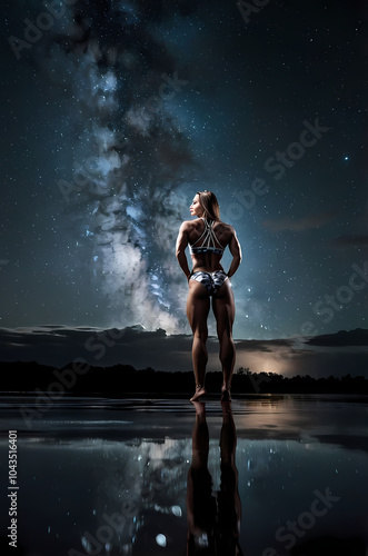 Dramatic Colorful Nighttime Portrait Of Female Bodybuilder With Streaked Clouds And Milky Way Reflection