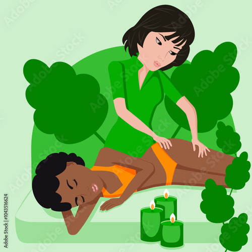 Lymphatic massage. Therapy and treatment by professional therapist in SPA. Isolated flat vector illustration. Asian and African ethnicity.