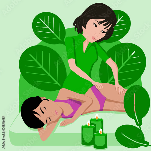 Lymphatic massage. Therapy and treatment by professional therapist in SPA. Isolated flat vector illustration. Asian and Indian ethnicity.