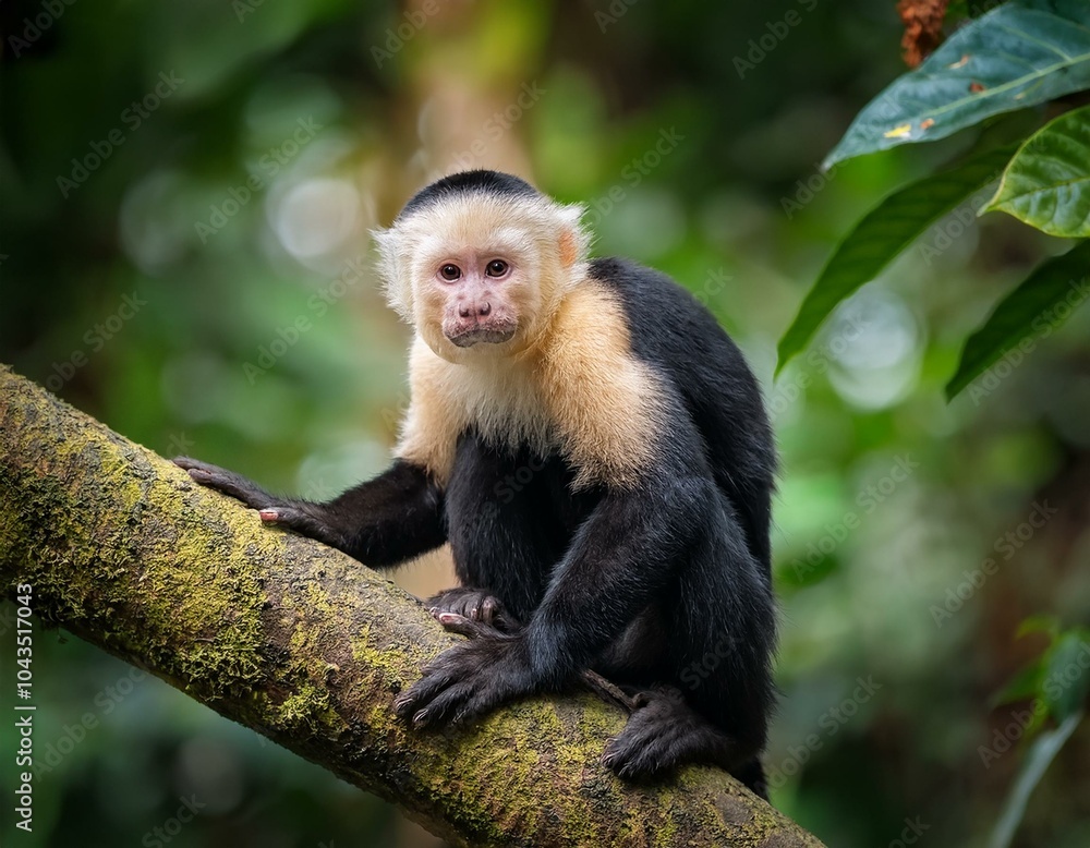 cute wild capuchin monkey jumping on palm trees in manuel antonio national park, Costa Rica, near quepos; Costa Rica wildlife in the rainforest cute wild capuchin monkey jumping on palm trees in manuel antonio national park, Costa Rica, near quepos; Costa Rica wildlife in the rainforest