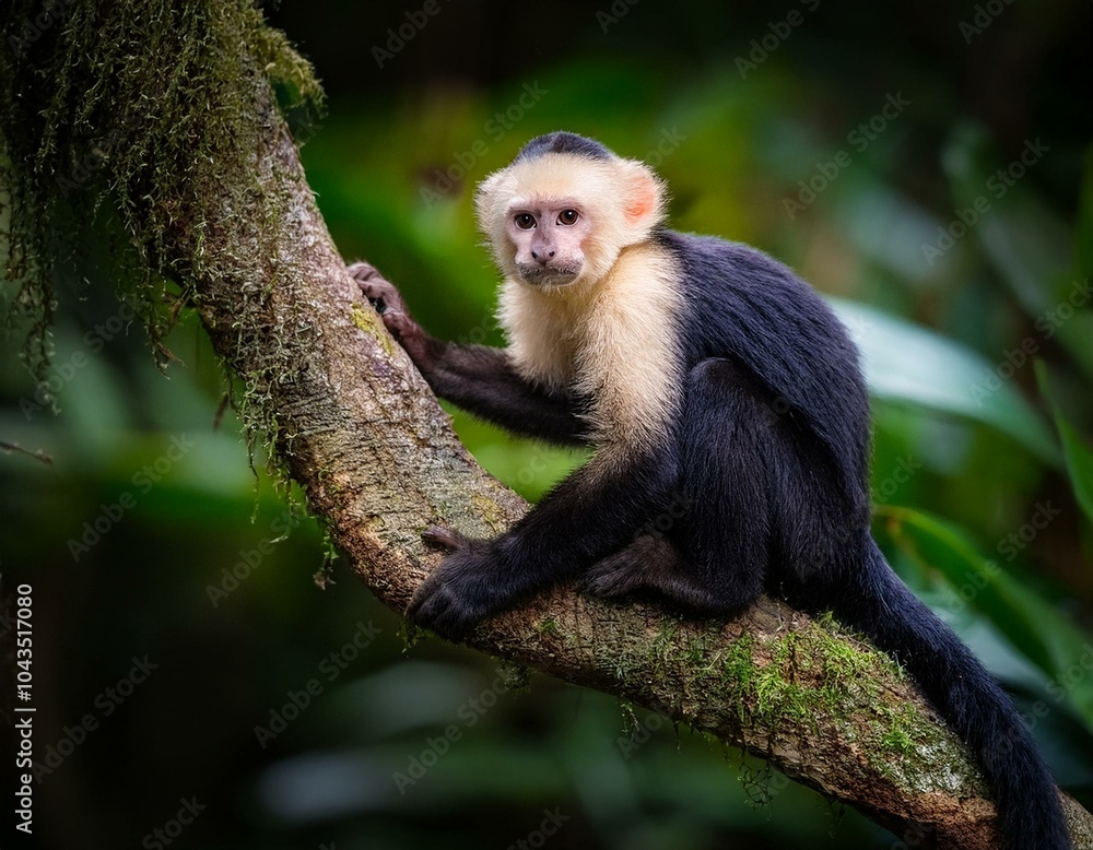 cute wild capuchin monkey jumping on palm trees in manuel antonio national park, Costa Rica, near quepos; Costa Rica wildlife in the rainforest cute wild capuchin monkey jumping on palm trees in manuel antonio national park, Costa Rica, near quepos; Costa Rica wildlife in the rainforest