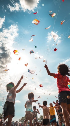 Group of excited children flying kites in the air at a kite festival