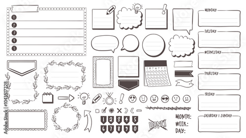 Cute hand-drawn items for planners and journals in doodle style. Includes blank notes, montly template, basic icons and daily frames. A total of 40 isolated items. Vector illustration. photo