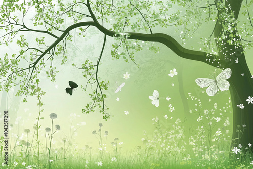 Green spring themed background with butterflies