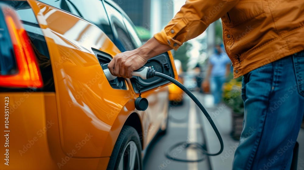 Close-up of a hand plugging in an electric car for charging, modern sustainability and eco-friendly technology. Perfect for green energy and electric vehicle themes Close-up of a hand plugging in an electric car for charging, modern sustainability and eco-friendly technology. Perfect for green energy and electric vehicle themes