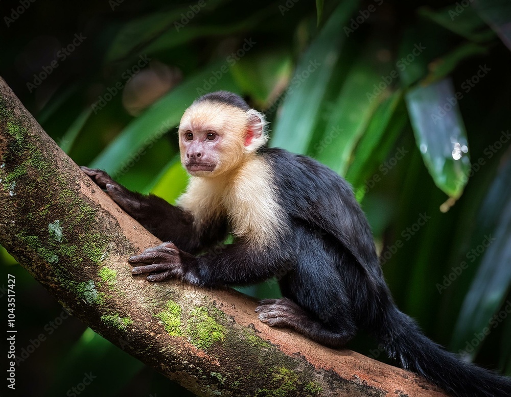 cute wild capuchin monkey jumping on palm trees in manuel antonio national park, Costa Rica, near quepos; Costa Rica wildlife in the rainforest cute wild capuchin monkey jumping on palm trees in manuel antonio national park, Costa Rica, near quepos; Costa Rica wildlife in the rainforest