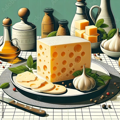 Italian pecorino cheese on a modernism surface illustration photo