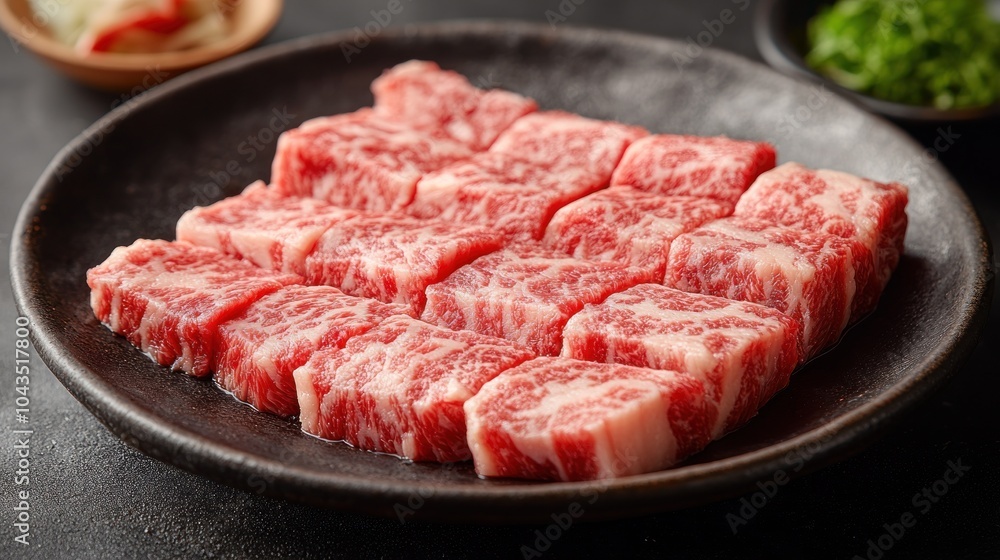 Raw beef cubes on a black plate, ready for grilling or cooking. Raw beef cubes on a black plate, ready for grilling or cooking.