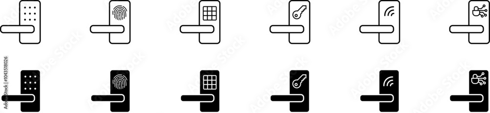 Set of isolated access control icons. Set of biometric identification system, intelligent electronic lock, door with access code on lock, vector icon