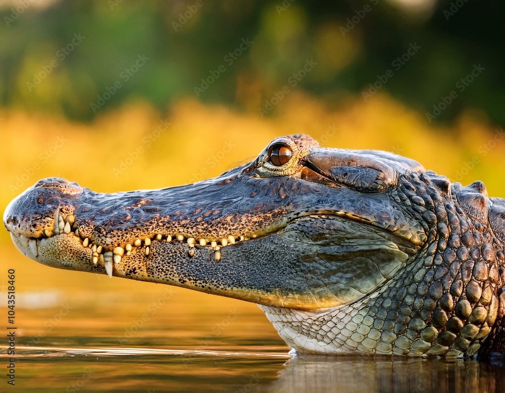 Fototapeta premium Portrait of Yacare Caiman in blue water of Cano Negro, Costa Rica.
