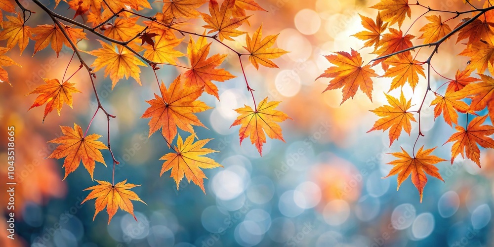 Aerial view of orange maple leaves on branch with autumn bokeh background Aerial view of orange maple leaves on branch with autumn bokeh background