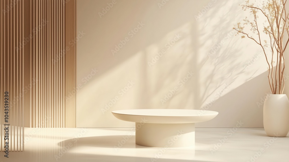 Empty stone pedestal on beige backdrop, scene with copy space for your products presentation. Empty modern minimal concept mock up for cosmetic, skin care and other products advertising. Empty stone pedestal on beige backdrop, scene with copy space for your products presentation. Empty modern minimal concept mock up for cosmetic, skin care and other products advertising.
