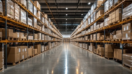 A large warehouse with rows of shelves filled with cardboard boxes.