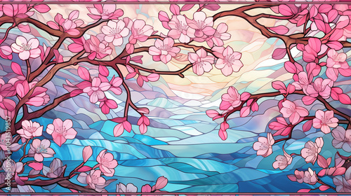 Cherry Blossom Stained Glass with Scenic Landscape