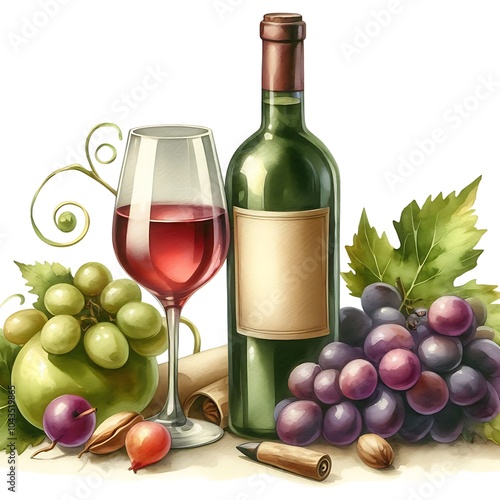 Red and white wine glasses with vine leaves and grape berries. Hand drawn watercolor illustration, isolated on white background
