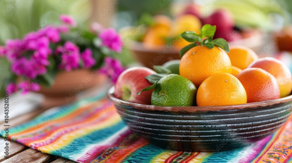A colorful bowl of fresh fruits sits on a vibrant tablecloth, complemented by blooming flowers in the background, showcasing a lively, natural setting. A colorful bowl of fresh fruits sits on a vibrant tablecloth, complemented by blooming flowers in the background, showcasing a lively, natural setting.