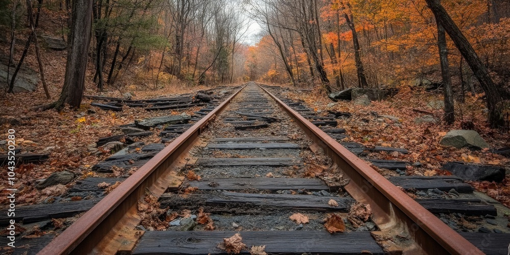 Naklejka premium Abandoned Railroad in the Woods. Old Steel Track Transportation Through Nature