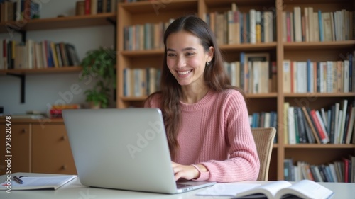 A woman using a laptop surrounded by books.