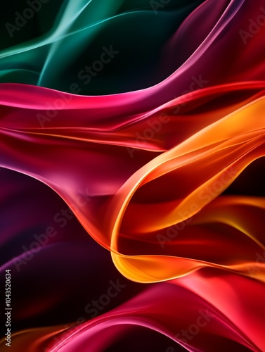 Vibrant abstract waves flowing in red, green, and orange hues on a dark background.