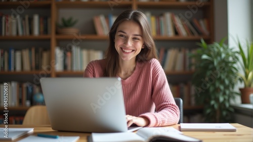 A woman working in a cozy library with her laptop.