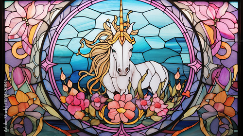Unicorn Stained Glass Surrounded by Flowers