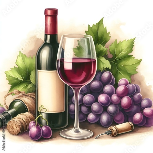 Red and white wine glasses with vine leaves and grape berries. Hand drawn watercolor illustration, isolated on white background
