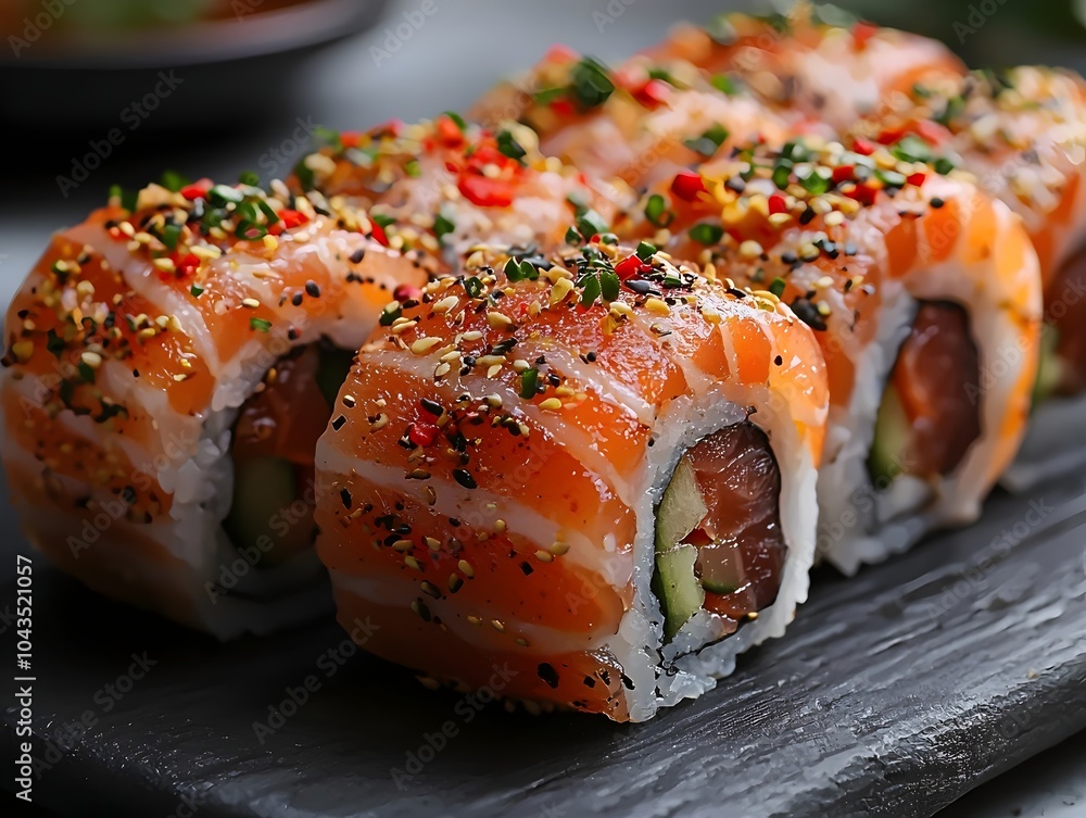 Delicious sushi rolls featuring fresh salmon on top, garnished with colorful spices on a black slate platter, showcasing vibrant colors and textures. Delicious sushi rolls featuring fresh salmon on top, garnished with colorful spices on a black slate platter, showcasing vibrant colors and textures.
