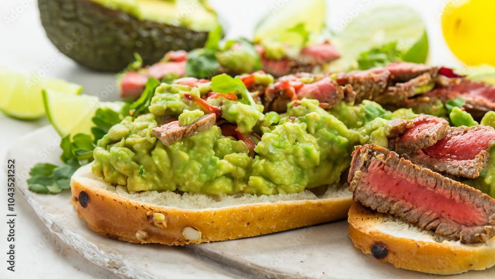 Toasted ciabatta with grilled beef and guacamole. Toasted ciabatta with grilled beef and guacamole.