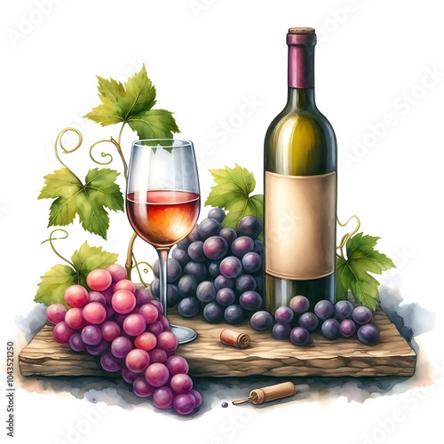 Red and white wine glasses with vine leaves and grape berries. Hand drawn watercolor illustration, isolated on white background
