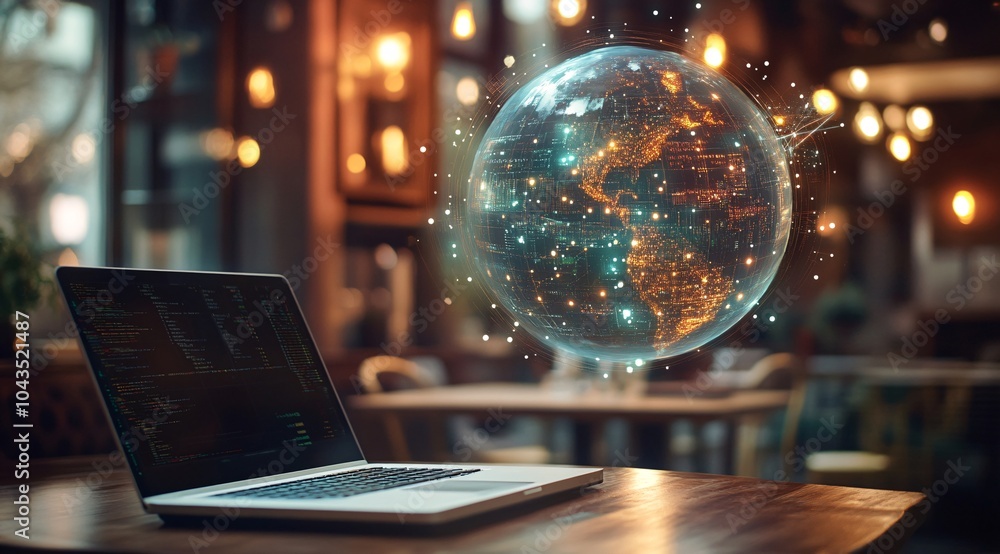 Fototapeta premium A glowing digital globe hovering over a laptop in a cozy workspace during a warm afternoon light