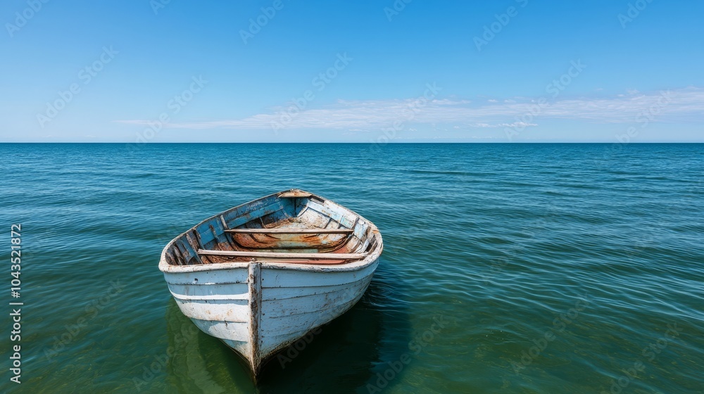 Naklejka premium Old wooden boat floating serenely in clear blue water under a bright sky.