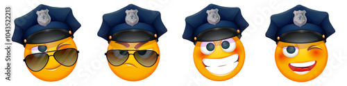 Set of police officer emoji on white background. Emoticon with police hat and sunglasses. Cute emoticon.